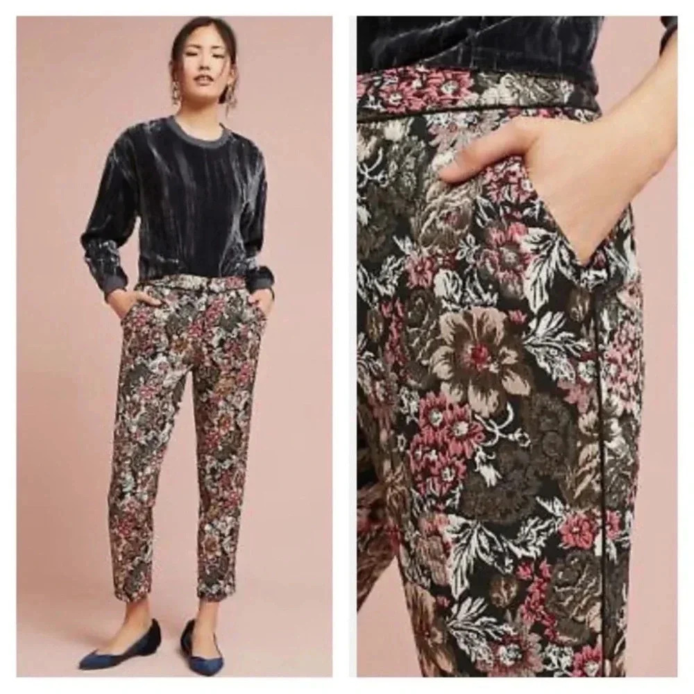 Anthropologie | Maeve | Jacquard Slim Trousers Black/Multi |Size 00